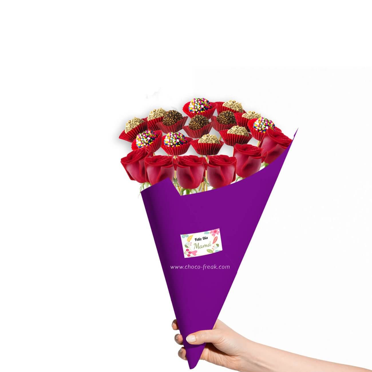 Bouquet de rosas y trufas de chocolate con motivo del Día de la Madre.